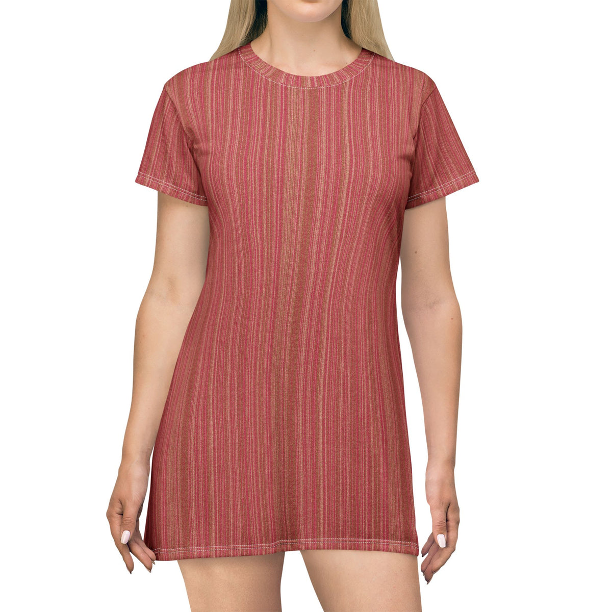Red Striped Knit T-Shirt Dress — Casual Cozy Summer & Holiday