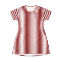 Dark Pink Striped Knit T-Shirt Dress — Casual Cozy Summer & Holiday