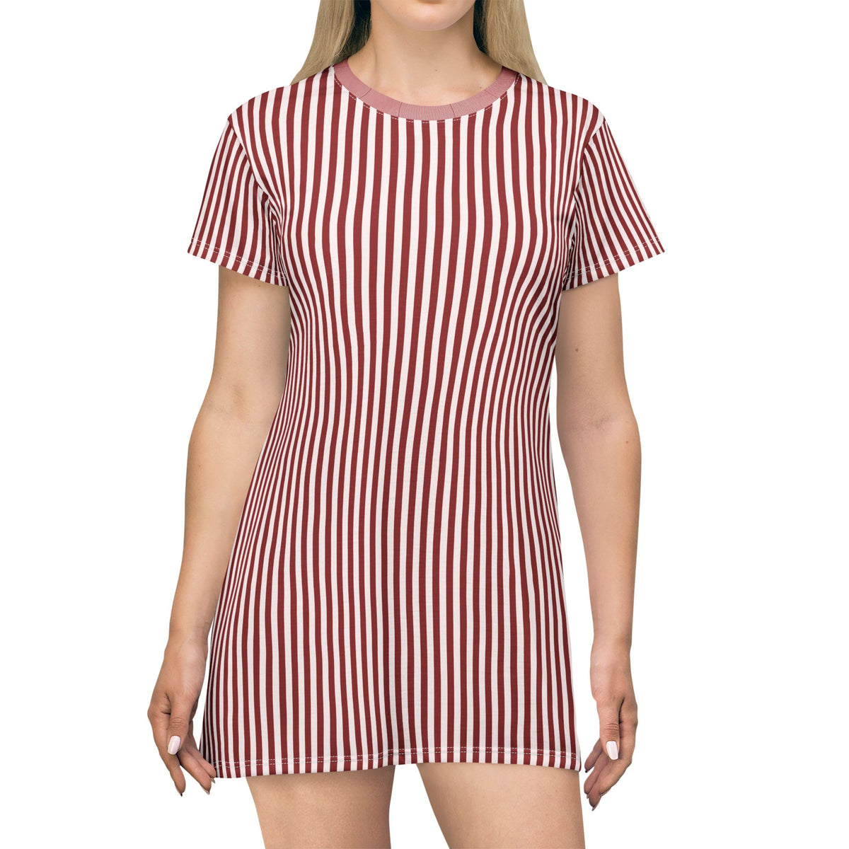 Dark Pink Striped Knit T-Shirt Dress — Casual Cozy Summer & Holiday