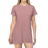 Dark Pink Striped Knit T-Shirt Dress — Casual Cozy Summer & Holiday