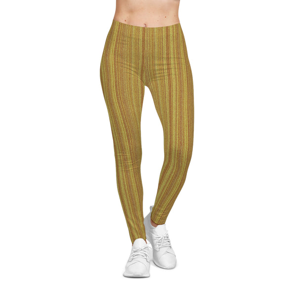Gold Metallic Vertical Stripe Leggings — Women's Foil-Stripe Casual Leggings